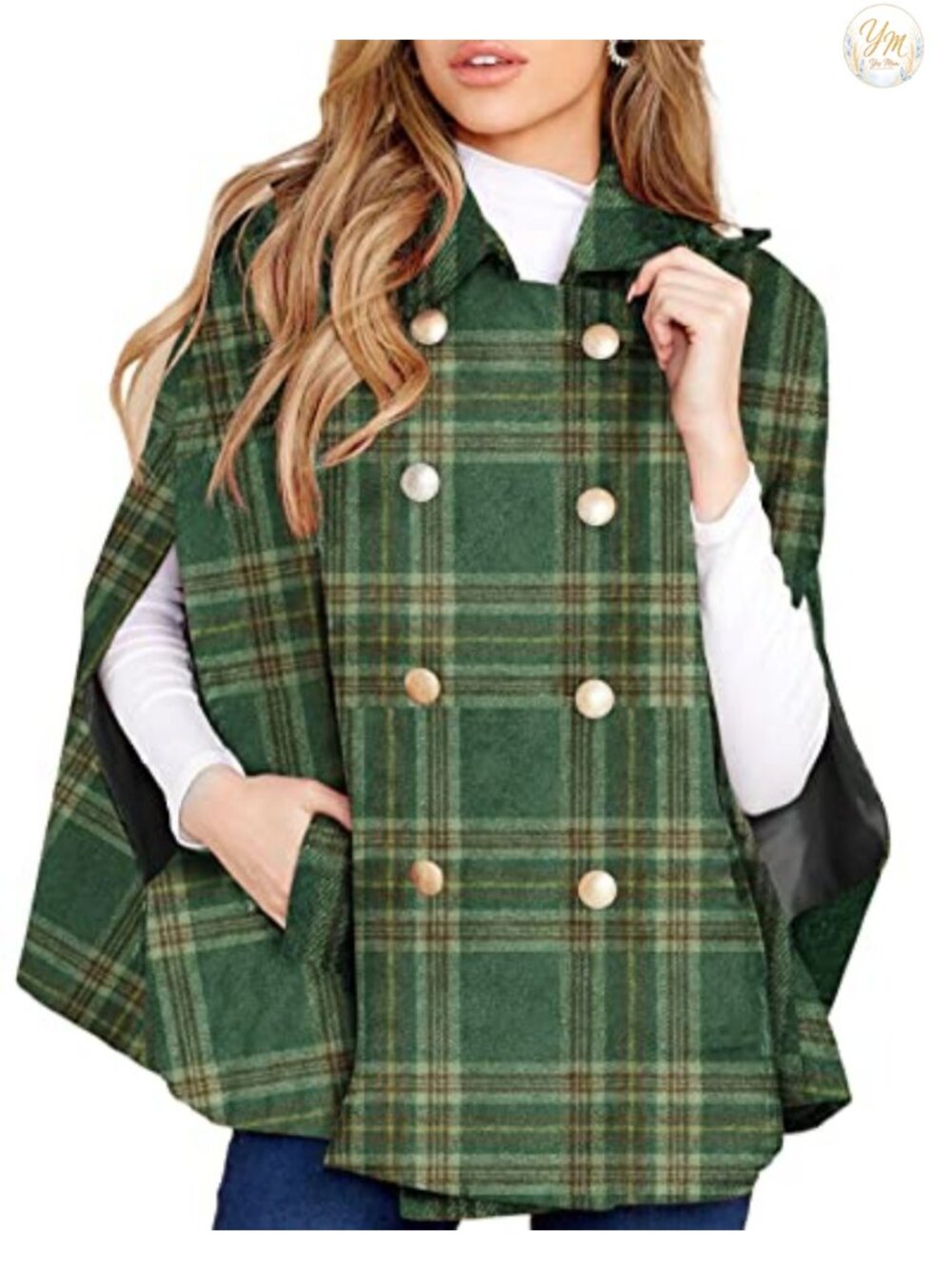 Women's Plaid Wool Cape Coat Double Breasted